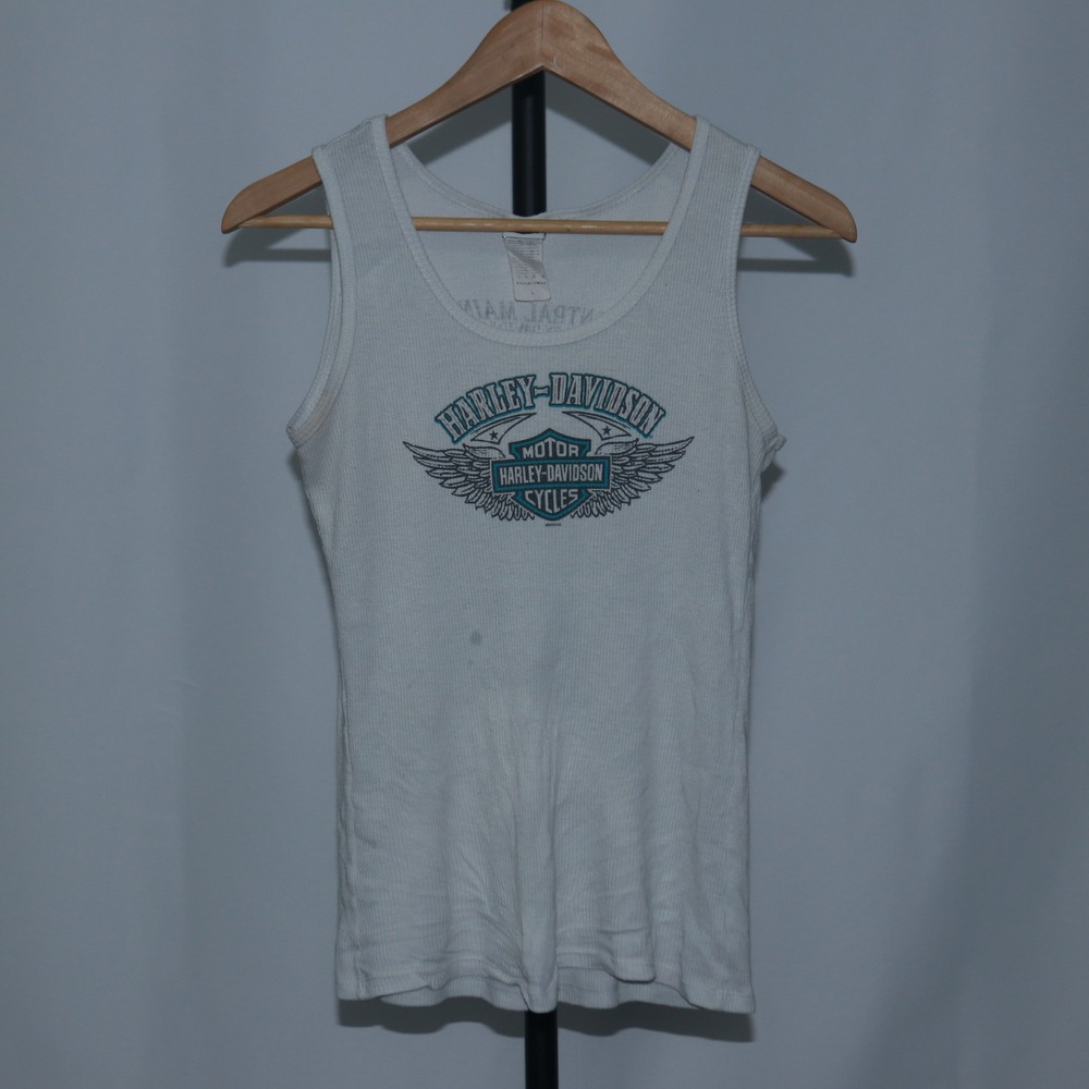 Harley-Davidson Unisex Graphic Henly Tank Top White Blue Ribbed Texture Size L